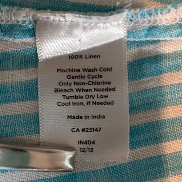Talbots Womens Small Linen Button Down Shirt Striped Turquoise White Long Sleeve - Picture 5 of 7
